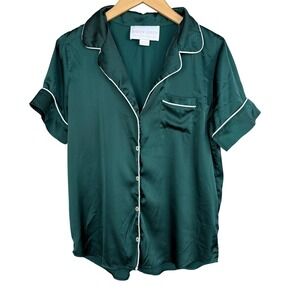 Birdy Grey Satin Pajama Top Women's Small Green Short Sleeve Button-Down